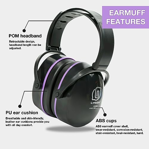 LYSIAN 31dB Hearing Protection Earmuffs, Foldable Adjustable Safety Ear Muffs for Shooting, Construction, Lawn Mowing, Adults - color: Purple Black