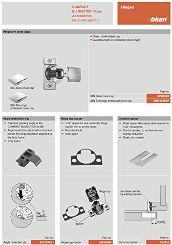 Blum 38N355C.12 Compact 3/4″ Partial Overlay 105° Hinge with Set of Screws (1)