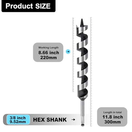 1-1/2" X 11.8" Auger Bit for Wood, 38x300mm Hex Long Auger Drill Bit | 3/8" Hex Shank,for Hard Wood,Ship, Composite Materials, Drywall and DIY Projects - size: 1-1/2" (38mm)diameter, style: 11.8 inch / 300mm Length