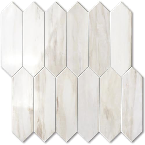 Vamos Tile Glossy Wood Marble Grain Backsplash Tile Peel and Stick, 12.8 x 12.8 Inch 10 Sheets Long Hexagon PVC Self Adhesive Mosaic Wall Tiles Stick on Backsplash for Kitchen and Bathroom - color: Glossy Wood Marble Pinkish Grain