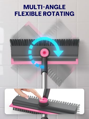3 in 1 Floor Scrub Brush with Long Handle, Deck Brush with Squeegee - color: Pink and Grey