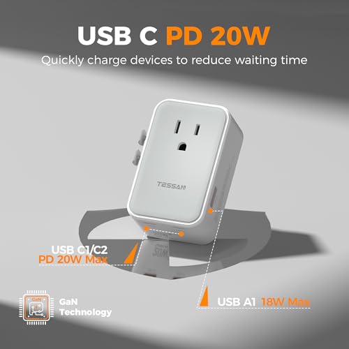 TESSAN Ultra Slim Universal Travel Adapter, International Power Plug - color: Grey White