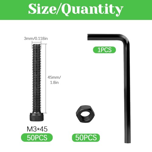 100Pcs M3 x 45mm Hex Socket Head Cap Screws Bolts, Carbon Steel, Black Oxide Finish, Allen Socket Drive, Full Threads,with Hex Spanner - size: M3 x 45-100Pcs