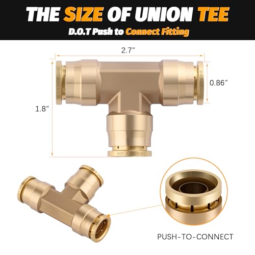 Brass DOT 5/8" Tee Union Push to Connect Air Brake Line Fitting - color: DOT Union Tee, size: 5/8" Od