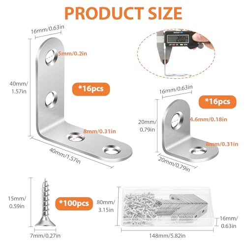 MAPVOLUT 32 PCS L Bracket, Heavy Duty L Brackets for Wood Shelves, with 100* Screws, 90 Degree Stainless Steel Corner Angle Bracket Metal Shelf Brackets Corner Cabinet, 16*(1.6x1.6in), 16*(0.8x0.8in) - size: 2 SIZE Silver