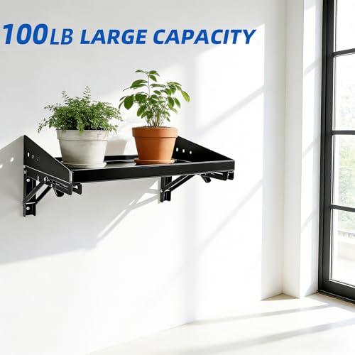 Folding Metal Floating Shelf, 17 x 10 Inch Wall Mounted Storage Rack with Lip — Holds 100LBs per Shelf, Space-Saving Foldable Design for Garage, Workshop, Kitchen & Office, Black (2 Pack)