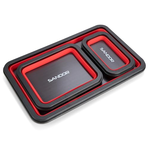 Collapsible Magnetic Parts Tray Set - 3 Different Size Tool Trays- Red - color: Red