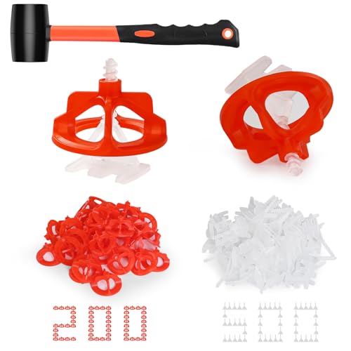 Tile Leveling System 1/8", 500 Pcs Tile Spacers and 200 Pcs Red Cap | Tile Leveling Clips with Hammer for Wall Ceramic Tile and Stone Installation, Effortless DIY Install, Precision Gap Control - size: 1/8 Inch 500Base+200Caps+Hammer