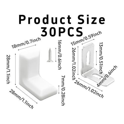 30PCS 90 Degree L Shape Metal Corner Brackets White Plastic Cover Right Angle Brace for Shelf Cabinet Chair Furniture, 1.1x1.1x0.7 with Screws - size: White