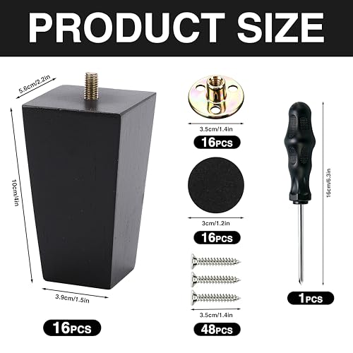 Set of 16 Black 4 Inch Square Solid Wood Furniture Legs Wooden Replacement Feet for Sofa Legs Replacement, Couch Feet Replacement, Chair, Bed, Includes M8 Iron Washers, Screws, Felt Pads & Screwdriver - size: 4 Inch