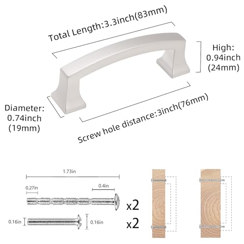 COTYKILEY 10 Pack 3 Inch(76mm) Brushed Satin Nickel Cabinet Handles Kitchen Cabinet Pulls Cabinet Door Handles Kitchen Cabinet Hardware Cupboard Drawer Pulls Dresser Handles - color: Brushed Satin Nickel, size: 3" Hole Center（76MM）