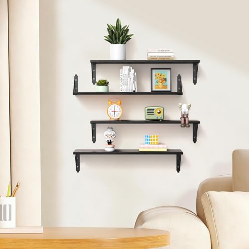 ROMGUAR CRAFT Wood Wall Floating Shelves Set of 4, 23.6" x 6" - Black - color: Black, size: 23.6" x 6"