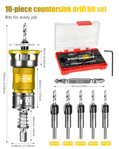 Upgrade 10PCS Countersink Drill Bit Set with Adjustable Depth Stopper - color: Golden, size: Extended - Quick Adjustment