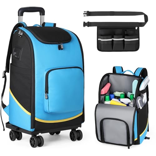 Rolling Cleaning Caddy Bag with Wheels, Large Cleaning Supplies Organizer Backpack with Detachable Trolley and Cleaning Apron for Housekeepers, Home, Hotel & Car Detailing - color: A02-blue