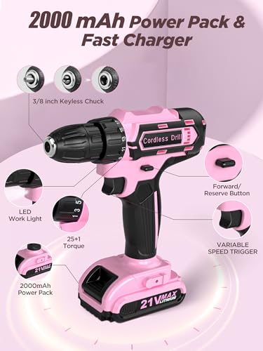 Cordless Drill Set 220 Pcs, 21V Power Drill with Tool Kit, Storage Bag, Electric Drills for Women, Precision Screwdriver set, Magnetic Tool Belt, Hand ToolBox, Drills Brush, Valentine's Day Gifts