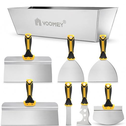 Voomey Drywall Tool Kit 8Pcs Stainless Steel Putty Knife Set with Taping Knives,Painter Scraper,Mud Pan and Scoop for Drywall Joint Taping, Finishing,and Patching