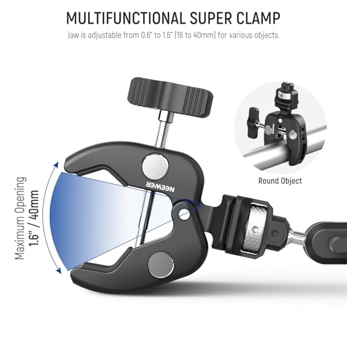 NEEWER Double Super Clamp Camera Mount with Magic Arm, NATO Interface, Cold Shoes, 1/4" Locating Holes for ARRI, Desk Studio Photography Light Stand Pole Cross Bar Umbrella Holder Clamp Mount, UA060 - style: UA060