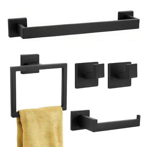 5-Piece Matte Black Bathroom Hardware Accessories Set - 16 Inch Stainless Steel Wall Mounted Towel Rack, Toilet Paper Holder, Towel Ring & 2 Hooks, Bathroom Organizer and Storage - color: A-16 Matte Black