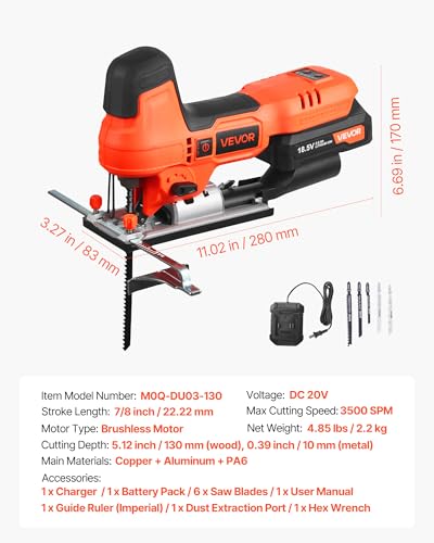 VEVOR 20V Cordless Jig Saw, 7/8" Brushless Jigsaw Tool for Makita 18V Battery, 3500 SPM & 6 Variable Speed, Battery & Charger, LED Light, 0-45° Bevel Cuts, 6 Blades, 4 Orbital Settings, Wood & Metal - size: 7/8 in-20V