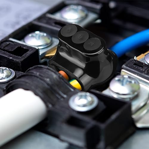 Kanayu 5 Pcs Black Insulated Multi Cable Connector, 3 Ports Electric Wire Connectors and Soldering Lugs, Single Side Entry Cable Splicers, with Oxide Inhibitor (14-4awg Range,1.57" X 1.26") - size: 14-4AWG Range, 1.57" x 1.26"