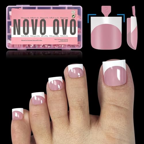 NOVO OVO French Tip Toe Nail Tips Press on, Sharp Square Pre-Designed Soft Gel False Toenail Extension, BERRY PINK Pre-applied Tip Primer & Base Coat, Full Cover Acrylic for DIY x 15 Sizes 240 pcs - color: Sharp Square French Tip Berry Pink
