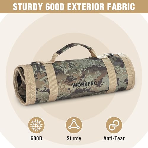 WORKPRO Camo Roll Up Tool Bag, 6-Pocket Organizer with Detachable Pouches - color: Camo