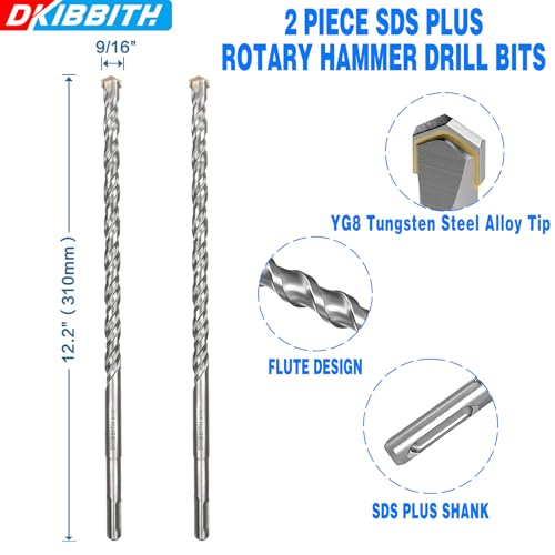 2-Pack SDS Plus Masonry Drill Bits 9/16 Inch x 12 Inch Long Rotary Hammer Drill Bits Carbide Tipped for Concrete Brick Cement Stone Block. - size: 2 Pcs 9/16", style: 12"