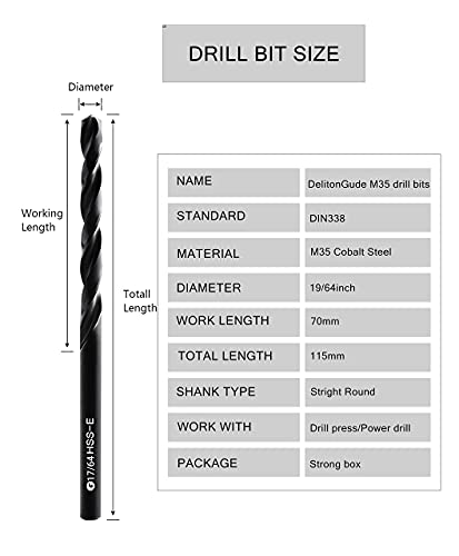19/64inch HSS M35 Cobalt Twist Drill Bits for Metal - size: 19/64inch (5pcs)