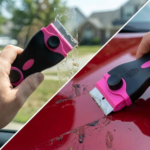 Pink Razor Blade Scraper Tool Set, 20Pcs Razor Blades, Plastic Paint Scraper, Double Edged Razorblade Scraping Tool for Glass, Windows, Stickers, Tint, Decals, Labels, Cooktop, Oven
