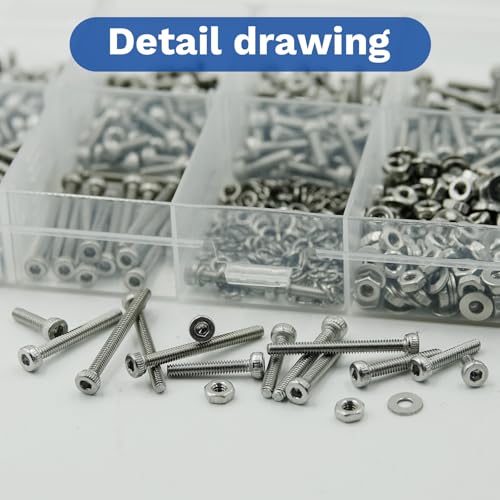 1020Pcs M2 304 Stainless Steel Hex Socket Cap Bolt & Nut Set - size: M2x4/6/8/12/10/16/20-1020Pcs