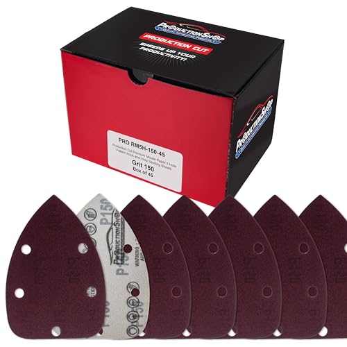 ProductionShop Premium 150 Grit 5-Hole Pattern Mouse Detail Sander Sandpaper Sheets, Box of 45 - Dustless Hook & Loop Triangle Shaped Mouse Disc Pads - Woodworking Tool Sand Wood Furniture Auto Paint - style: 150 Grit
