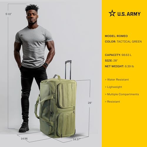 US Army ROMEO 28-inch Large Tactical Duffel Bag with Wheels | Heavy Duty Material, Molle Webbing, Water Resistant Military Rolling Bag for Travel, Deployment, and Camping - Tactical Green - color: Tactical Green, size: 28-inch