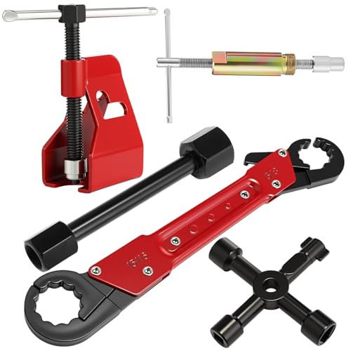 5 Pcs Angle Stop Wrench Kit Plumbing Tool, Compression Sleeve Puller for 1/2" Compression Fittings, Ferrule Puller Removal Tool for 1/2" Copper Tubing Nut, 4-way Multi-functional Utility Key - color: Red