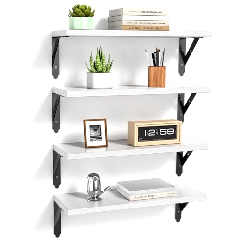 ROMGUAR CRAFT Wood Wall Floating Shelves Set of 4, 17" x 6" - Black - color: White, size: 17" x 6"