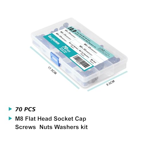 70 PCS M8 x 30mm 35mm 40mm 45mm 50mm, Flat Head Hex Socket Cap Screws Countersunk Bolts Washers Nuts Assortment Kit, 10.9 Grade Alloy Steel, Black Oxide Finish, Metric Allen Drive - size: M8x30/35/40/45/50 mm