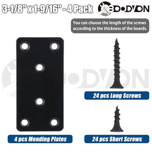 Mending Plate, Metal Steel Flat Straight Brace Bracket, Black Double-Wide Joining Plate for Wood Furniture Fastening & Fixing with 2 Sets of Screws of Different Lengths(40x80mm, 4 Pack) - size: 40 x 80 mm