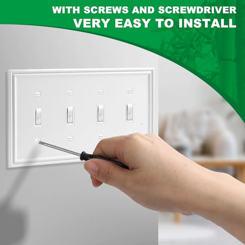 OKAYZIP White Decorative 4 Toggle Switch Light Switch Covers Plate | Natural Material Switch Plate Covers - 1 Pack Modern Style 4 Gang Wall Plates - size: 4 Toggle 1 Pack