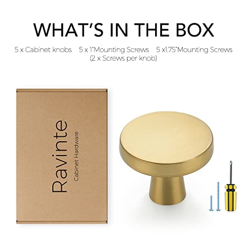 Ravinte Brushed Brass Solid Knobs Gold Kitchen Cabinet Pulls,5 Pack,Round-5 - style: Rustic