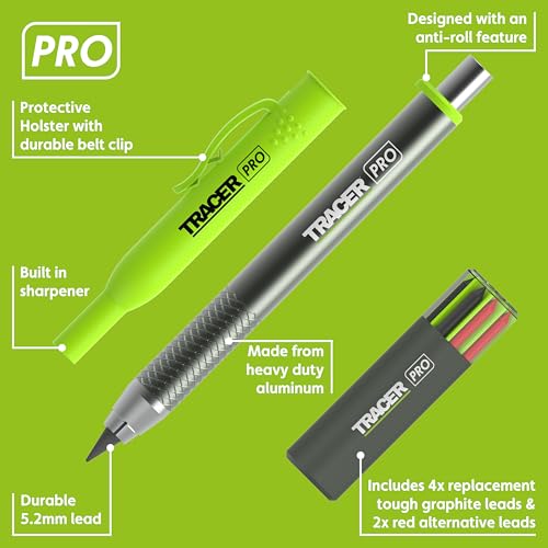 Tracer Pro Series Tough Metal Construction Pencil with 6 x Replacement Lead Pack and Site Holsters. All-in-one Aluminium Construction Marking Kit - style: 5.2mm Bold Construction