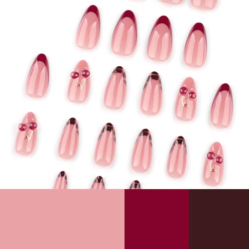 Mivota Medium Press On Nails Almond – 3D Cherry Design with Gold Branch, Red French Tips & Leopard Pattern, 24PCS Acrylic Fake Nails with Glue & Tools, Glossy Reusable Stick On Nails for Women - color: 51-French Cherry