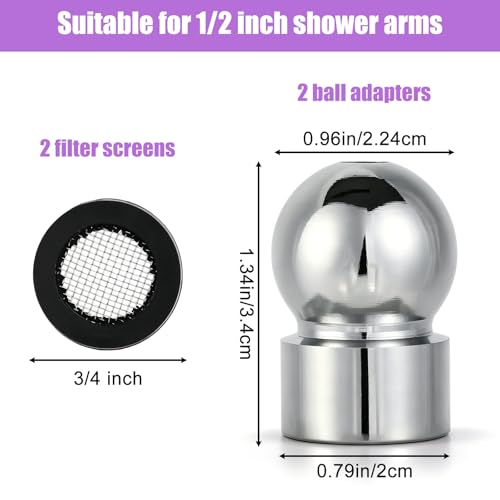 1/2 Inch Shower Arms Ball End Adapters with Gasket Washer Filters, Flexible Shower Head Ball Joint Replacement Parts for Fixed or Handheld Swivel Showers Chrome-Plated Finish & Tightly Sealed