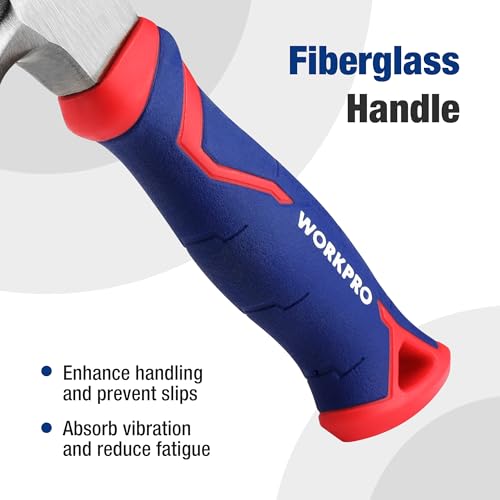 WORKPRO 8 oz Claw Hammer, Small Hammer with Fiberglass Handle - color: Blue and Red, size: 8 oz