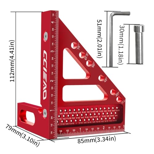 3D Multi-Angle Carpenter Square Scriber, 22.5-90 Degree Drawing Line Ruler with Pin, High Precision Woodworking Square Protractor for Carpenters,Construction,Craftsmen and DIY (Inch) - color: Inch