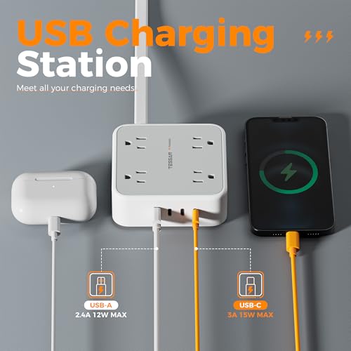 TESSAN Surge Protector Power Strip with 900J Surge Protection, 5 Ft, Grey - color: Grey with 3 USB C, size: 5 feet