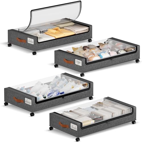 Yecaye 60L Under Bed Storage with Wheels, 4 Pack, Hemp Grey - color: Hemp Gray, size: 4 Pack