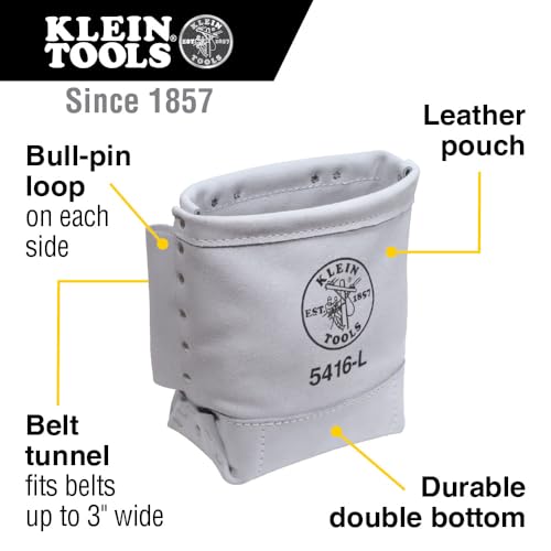 Klein Tools 5416L Tool Pouch, Leather Bull-Pin and Bolt Bag, Tunnel Loop Connection, Reinforced Bottom, 5 x 10 x 9-Inch - size: 1 Count, style: Leather