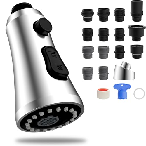 Hibbent Pull Down Kitchen Faucet Head Replacement with 15 Adapters - color: Chrome, style: Stay on sprayer without hold button