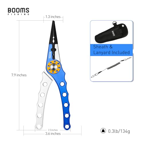 Booms Fishing X1 Aluminum Fishing Pliers Saltwater, Surf Fishing Tackle Kit, Fishing Multitool Hook Remover Braided Fishing Line Cutting and Split Ring with Coiled Lanyard and Sheath - color: Blue(coms 1 Sheath and 1 Lanyard)