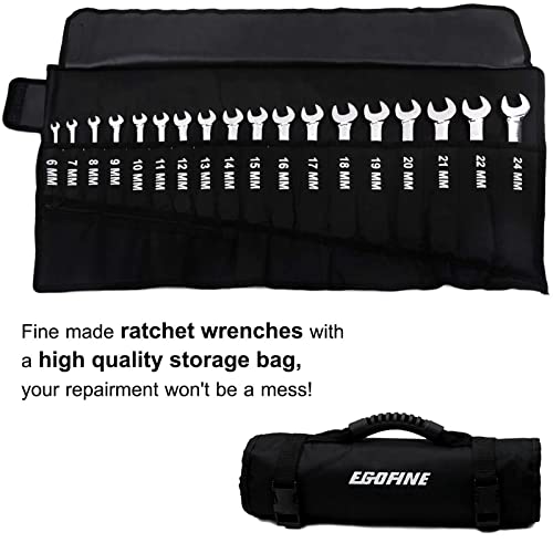 Egofine Ratcheting Wrench Set, 6 mm - 24 mm Metric Wrench Set 18pc, 72 Teeth Combination Wrenches Set, Chrome Vanadium Steel with a Roll Up Storage Bag - size: Metric-18 piece set