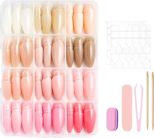 12 Color Press on Nails Medium Almond Fake Nails White Nude Pink False Nails Kit Glossy Reusable Full Cover Artificial Acrylic Stick on Nail for Women Girls Manicure 288Pcs - color: Style-26